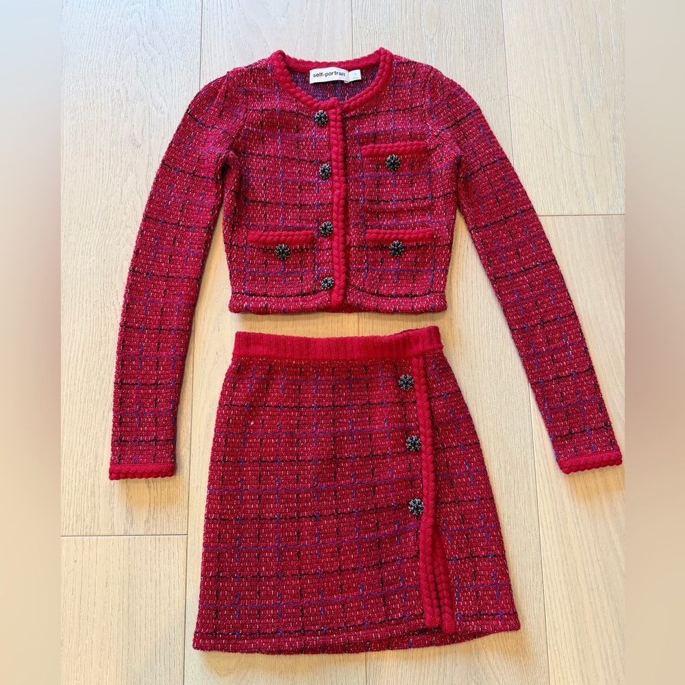 Self-Portrait Red Tweed Jacket and Skirt Set